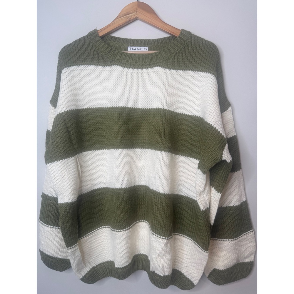 Blakeley Kadie Striped Sweater Olive Green Cream Chunky Knit Pullover L/XL